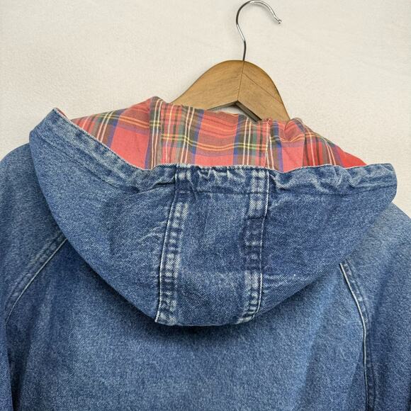 Vintage LL Bean Jacket Womens M/L Blue Denim Hooded Barn Chore Flannel Lined 90s - Picture 7 of 12
